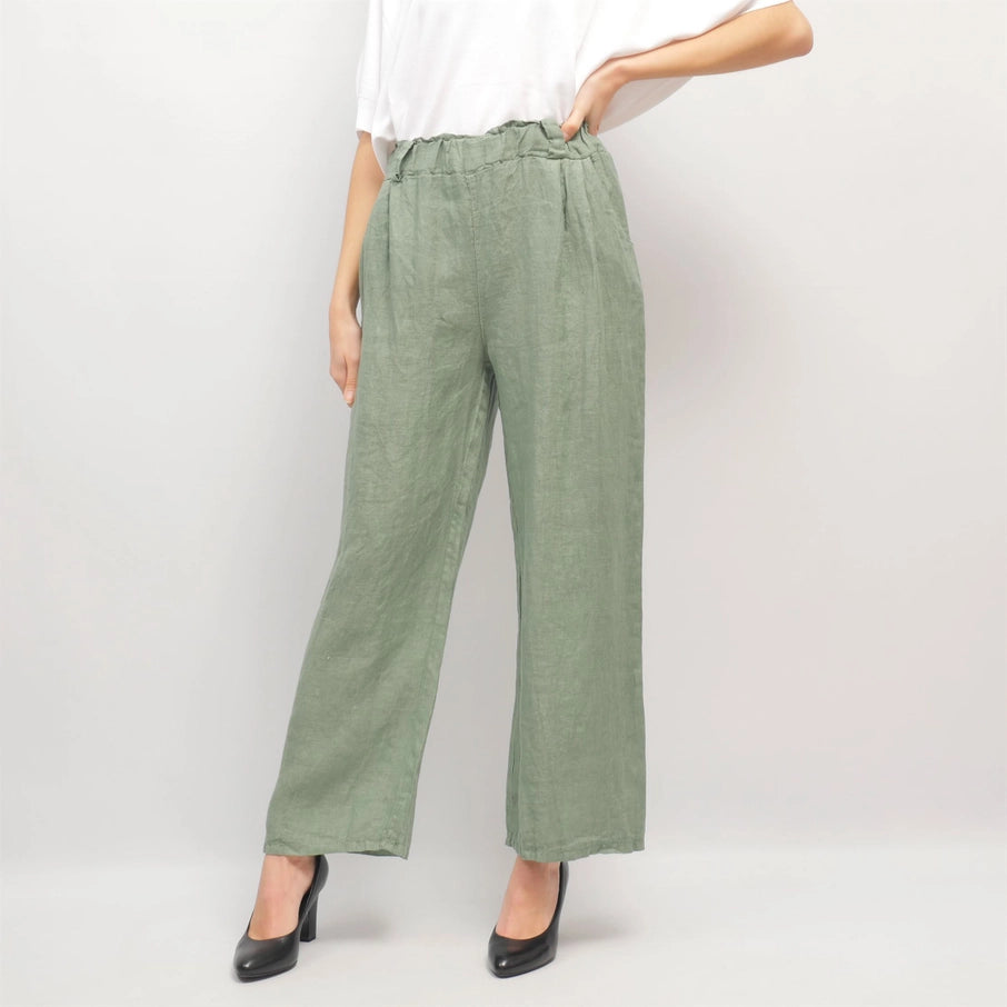 Weite Damen-Leinenhose mit elastischem Bund und Gürtelschlaufen