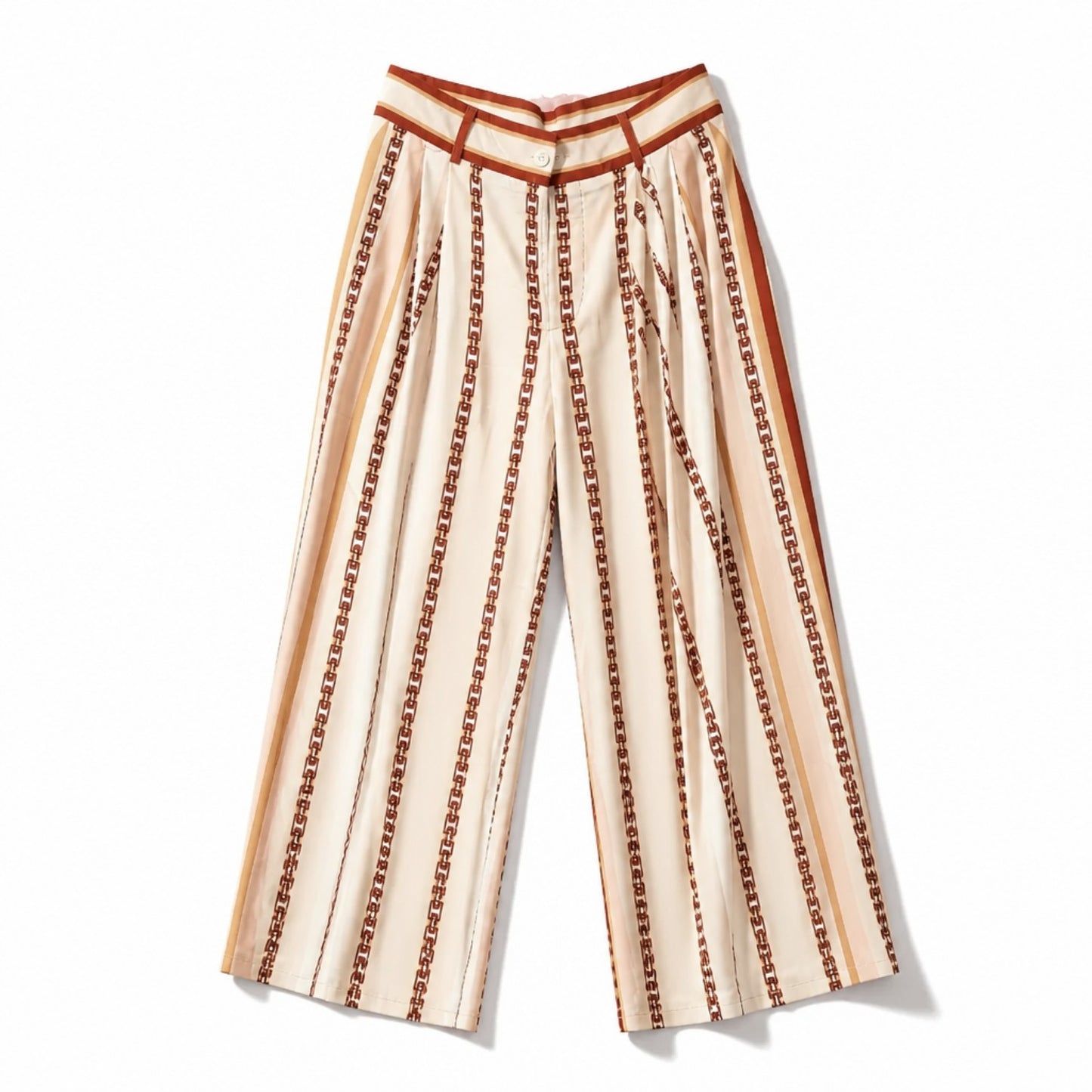 Marlenehose mit Kettenprint – Creme/Braun