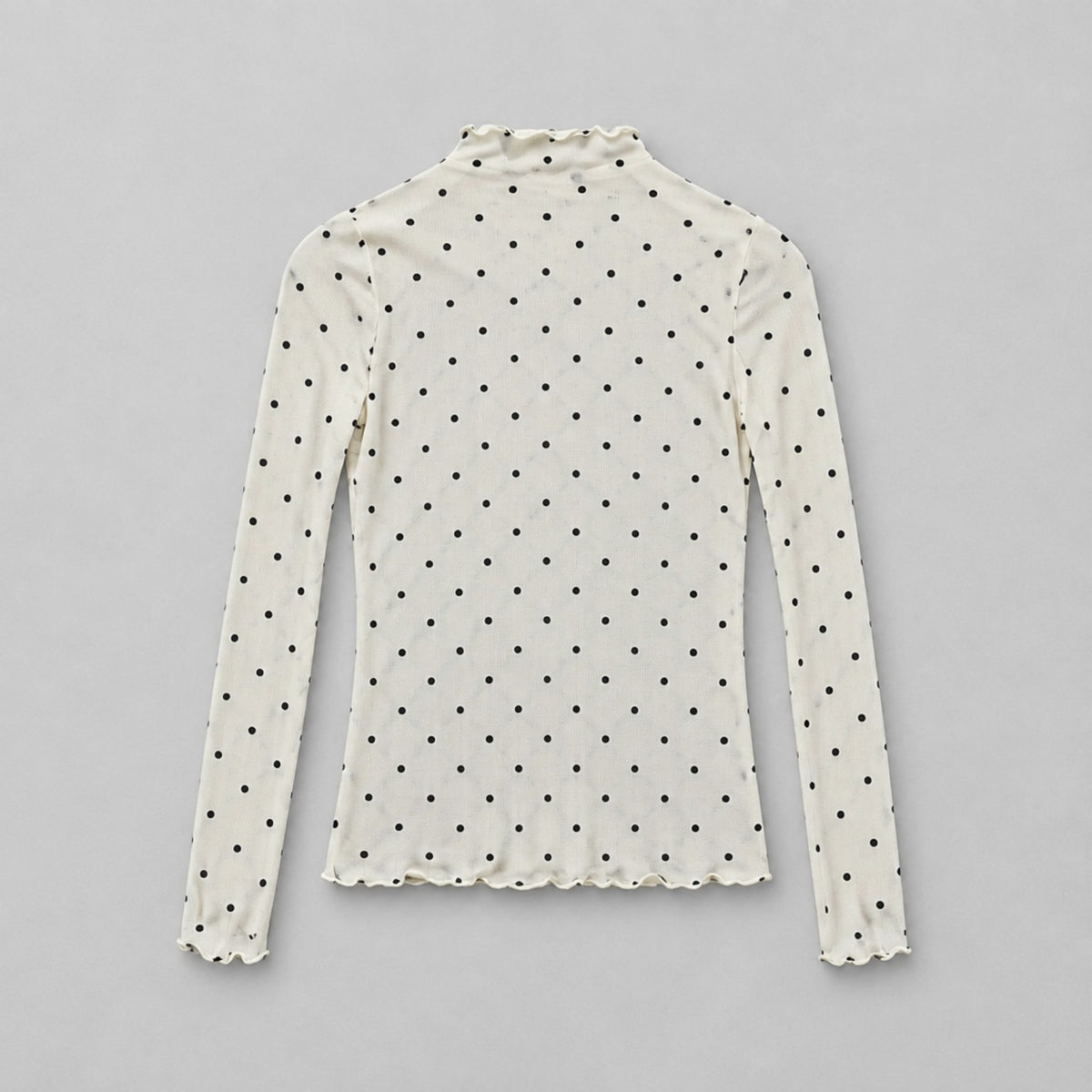 Damen Mesh-Shirt in Creme mit schwarzen Punkten – Langarm mit Stehkragen