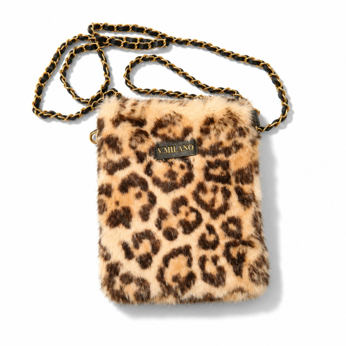 Felltasche mit Leo-Muster – Beige-Braun mit goldfarbener Kette Tasche V. Milano