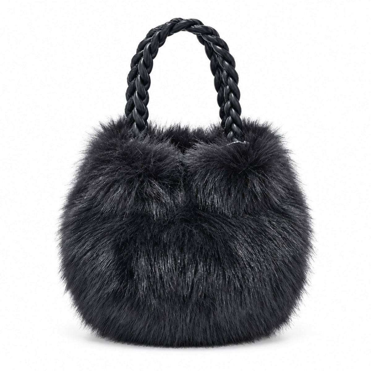 Flauschige Beuteltasche in Blau-Schwarz – Kunstfell-Handtasche mit geflochtenen Henkeln, 25 × 20 cm Tasche V. Milano