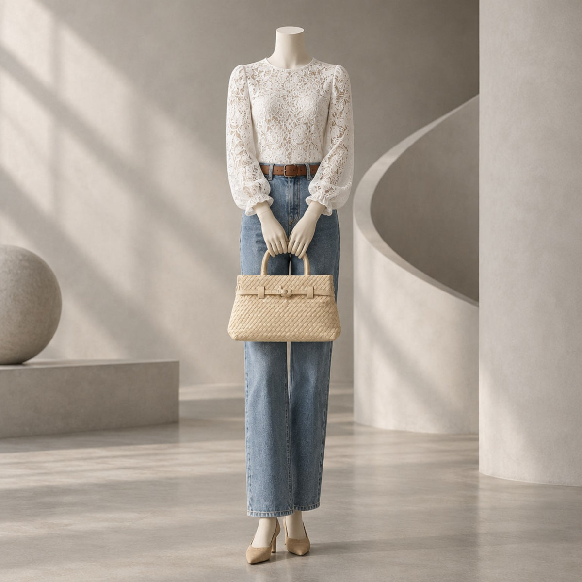 Damenhandtasche Beige – Geflochtene Henkeltasche mit Schnallendetail Tasche V. Milano