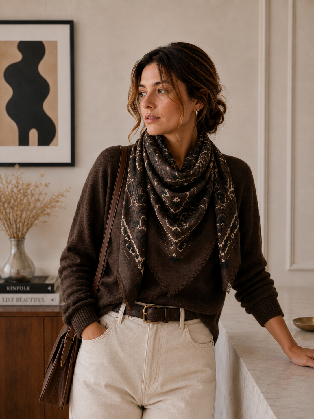 Woll-Carré mit Bandana-Muster – 110×100 cm | Café | LINETA Schal LINETA
