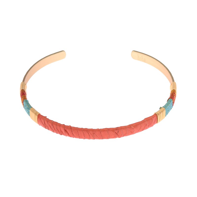 Armreif „Desert Coral“ – Offener Cuff mit Leder & Fadenwicklung (One Size)