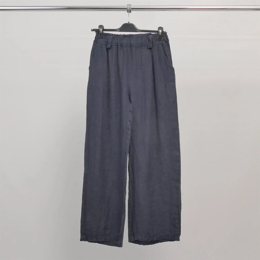 Weite Damen-Leinenhose mit elastischem Bund und Gürtelschlaufen
