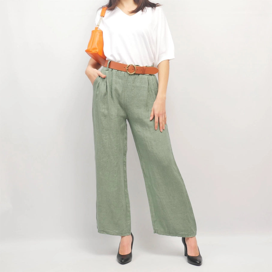 Weite Damen-Leinenhose mit elastischem Bund und Gürtelschlaufen
