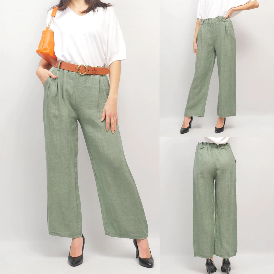 Weite Damen-Leinenhose mit elastischem Bund und Gürtelschlaufen