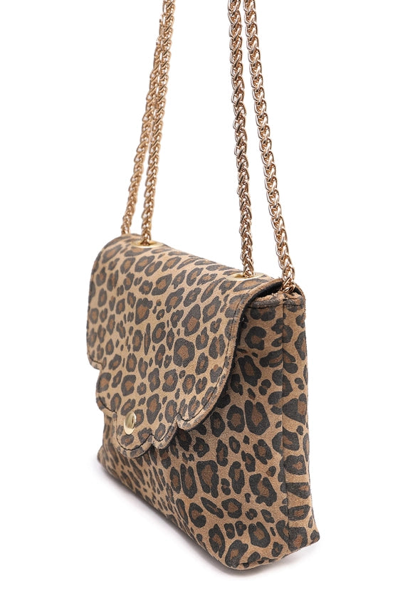 Leoparden Umhängetasche aus Wildleder | Trendiger Look & Kettenriemen