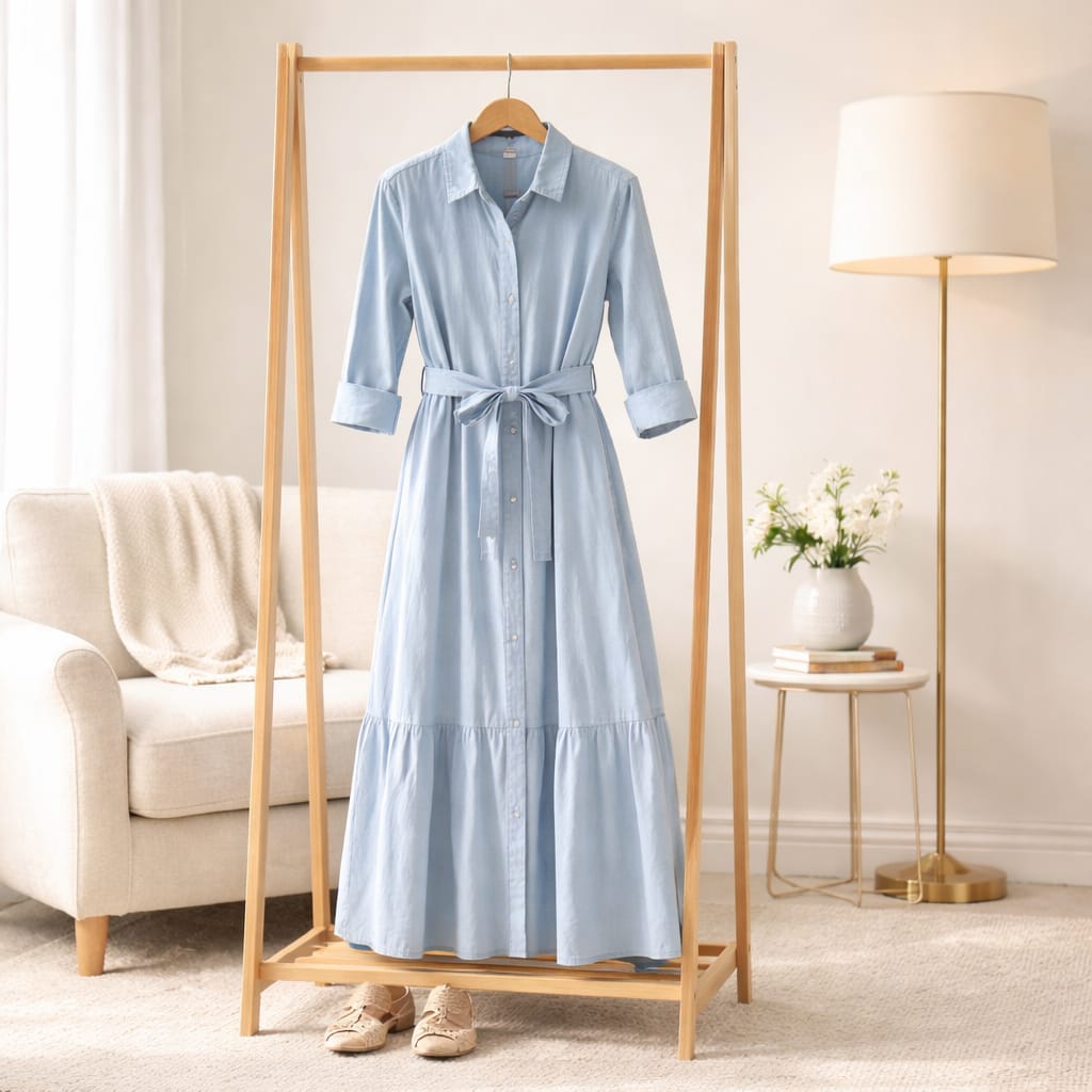 Baumwoll-Maxikleid in Hellblau – Hemdblusen-Schnitt mit Bindegürtel | Made in Italy Kleid V. Milano