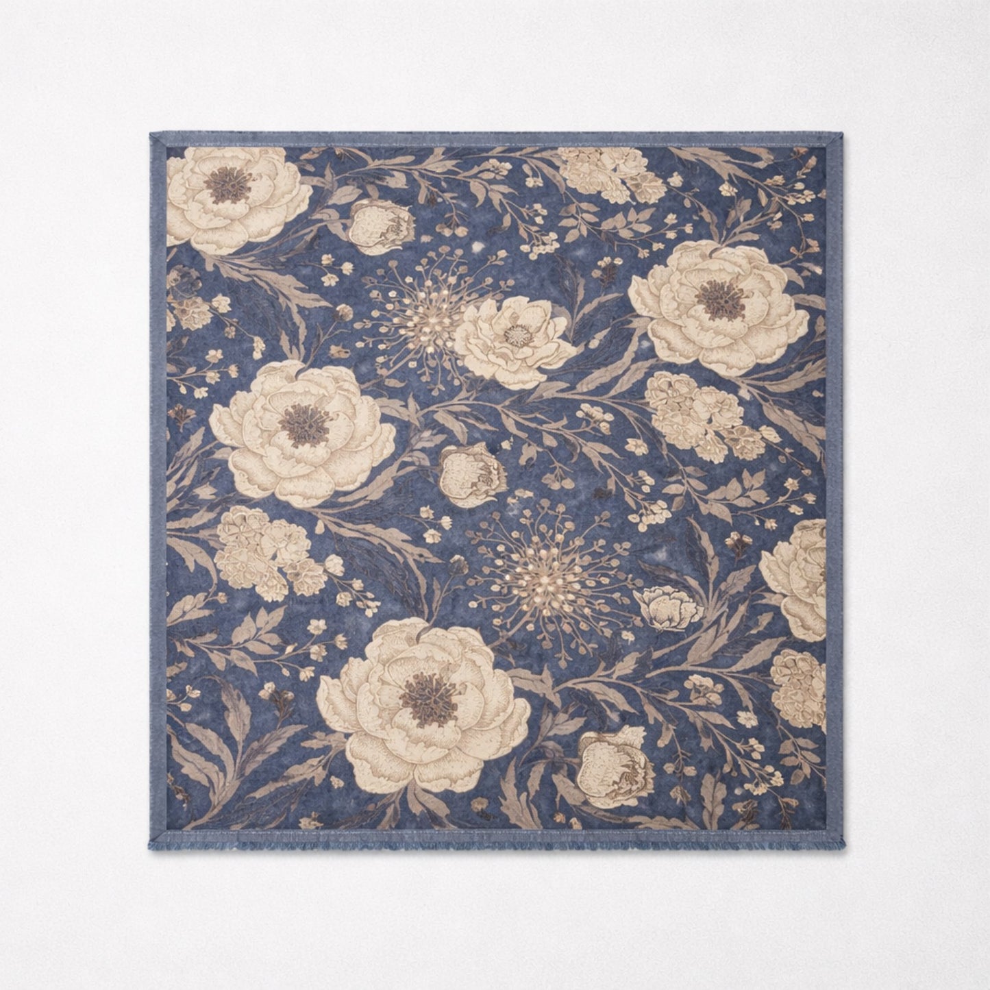 Großes XL-Tuch mit floralem Vintage-Print – Blau & Beige Schal Das Zierwerk