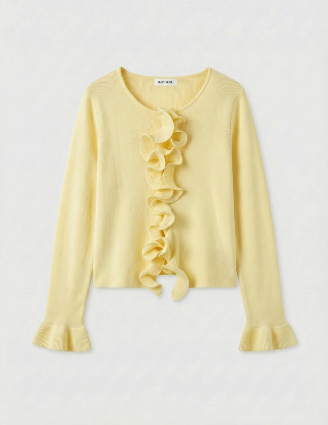 Cardigan mit Volants – zartes Gelb | Größe S/M Strickjacke Das Zierwerk