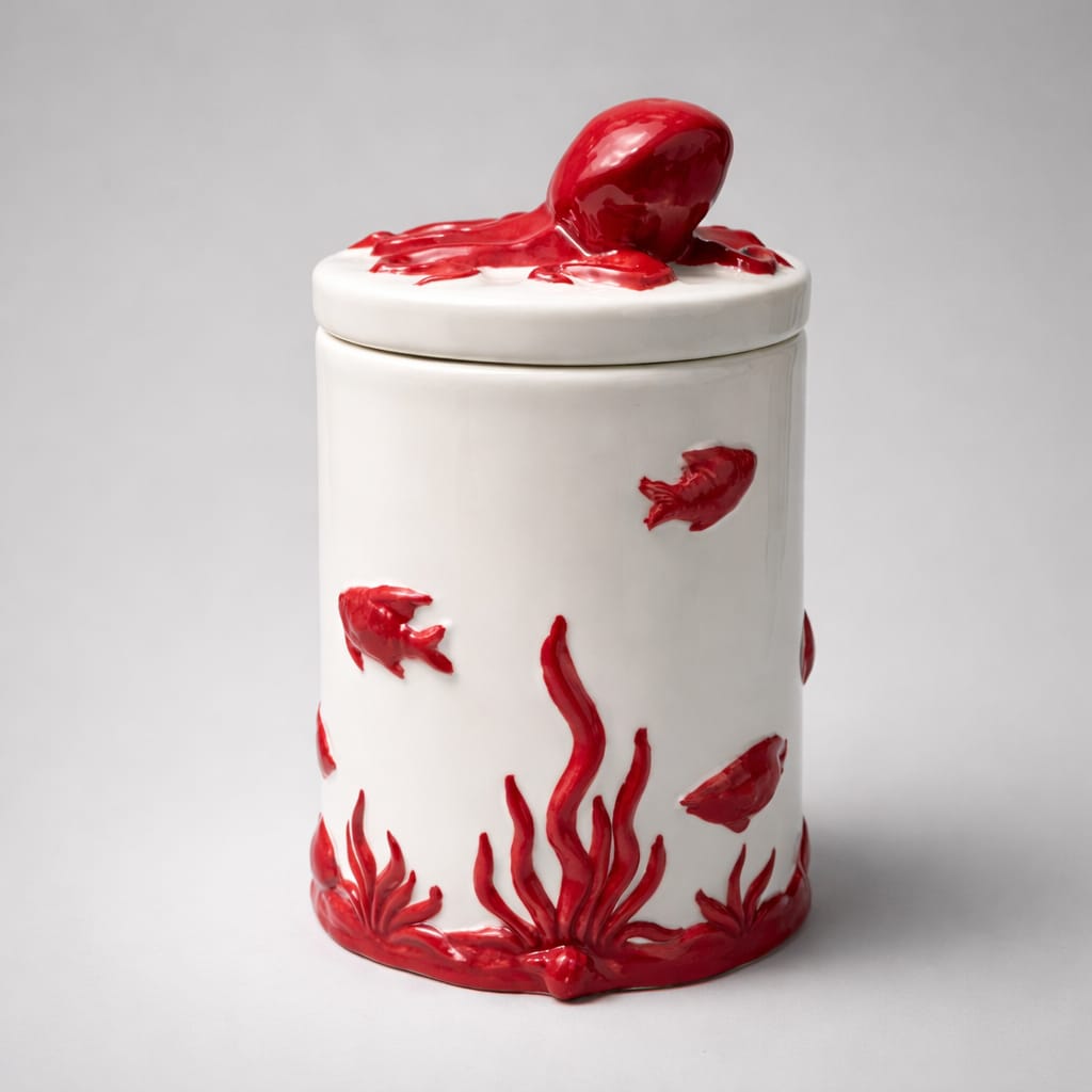 Porzellan-Deckeldose „Octopus“ – weißer Topf mit rotem Oktopus Dose Das Zierwerk
