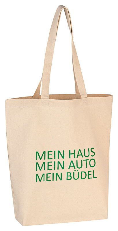 Baumwolltasche „MEIN HAUS. MEIN AUTO. MEIN BÜDEL.“ – Ironisch, norddeutsch, nachhaltig