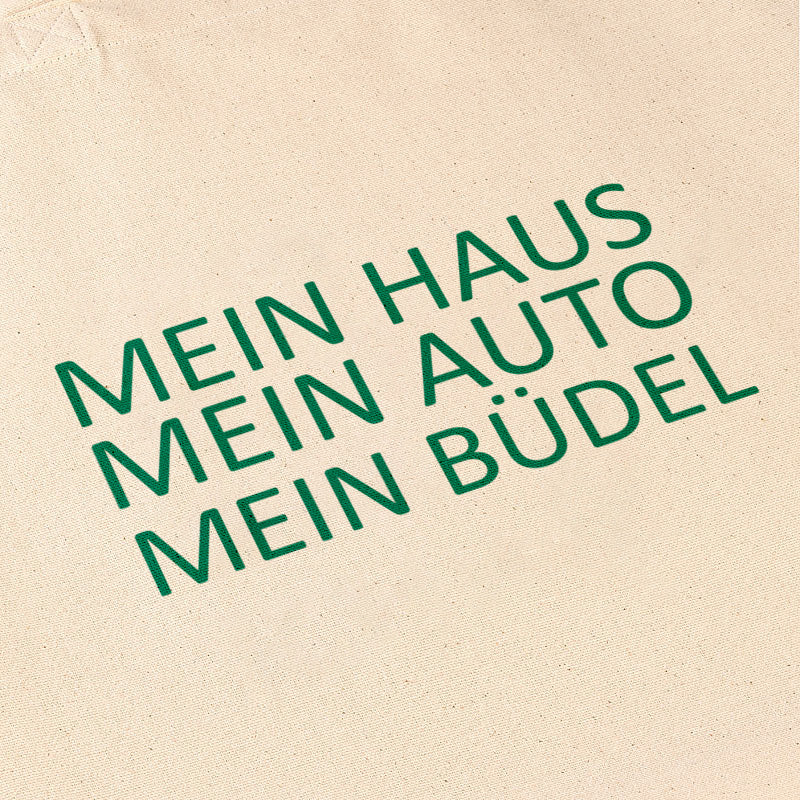 Baumwolltasche „MEIN HAUS. MEIN AUTO. MEIN BÜDEL.“ – Ironisch, norddeutsch, nachhaltig
