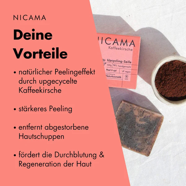 NICAMA Upcycling-Seife Kaffeekirsche | Handgemachte Naturkosmetik mit Peeling