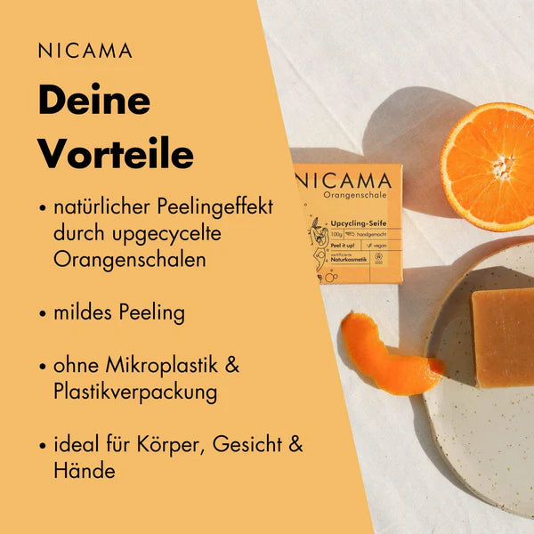 NICAMA Upcycling-Seife Orangenschale | Handgemachte Naturkosmetik mit Peeling