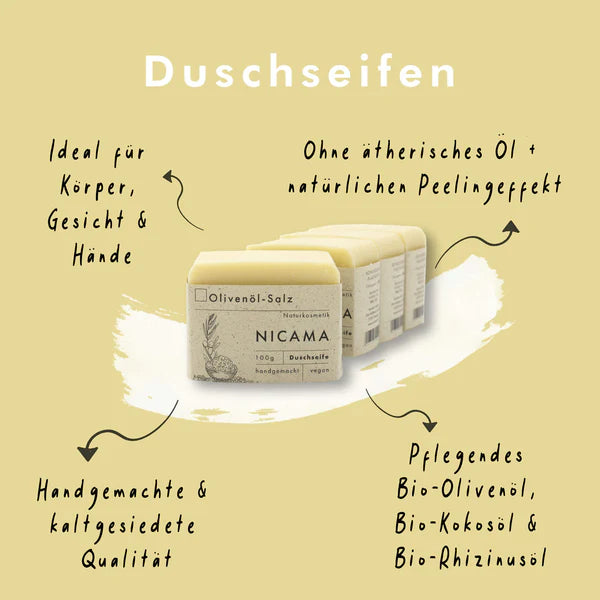 NICAMA Dusch-Seife Olivenöl-Salz | Handgemachte Naturkosmetik