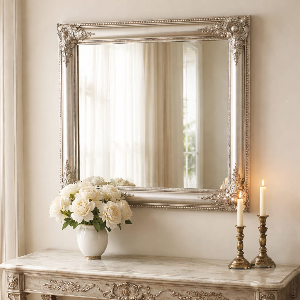 Spiegel matt-silber 62x82 cm – eleganter Wandspiegel mit Ornamentrahmen Spiegel Das Zierwerk