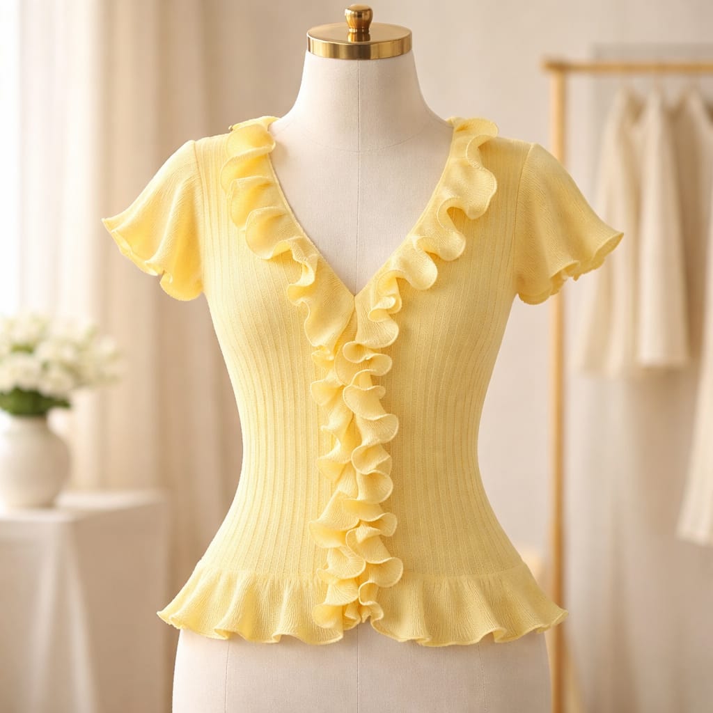 Sunny Ruffle – Gelbes Rüschen-Top & Strickjacke in Einheitsgröße Shirt Das Zierwerk