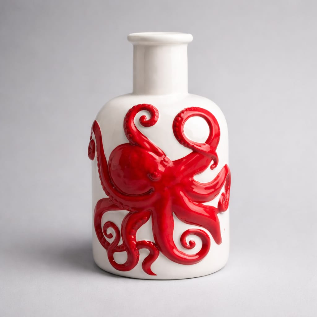 Porzellanvase „Octopus“ – weiße Vase mit rotem Oktopus Vase Das Zierwerk