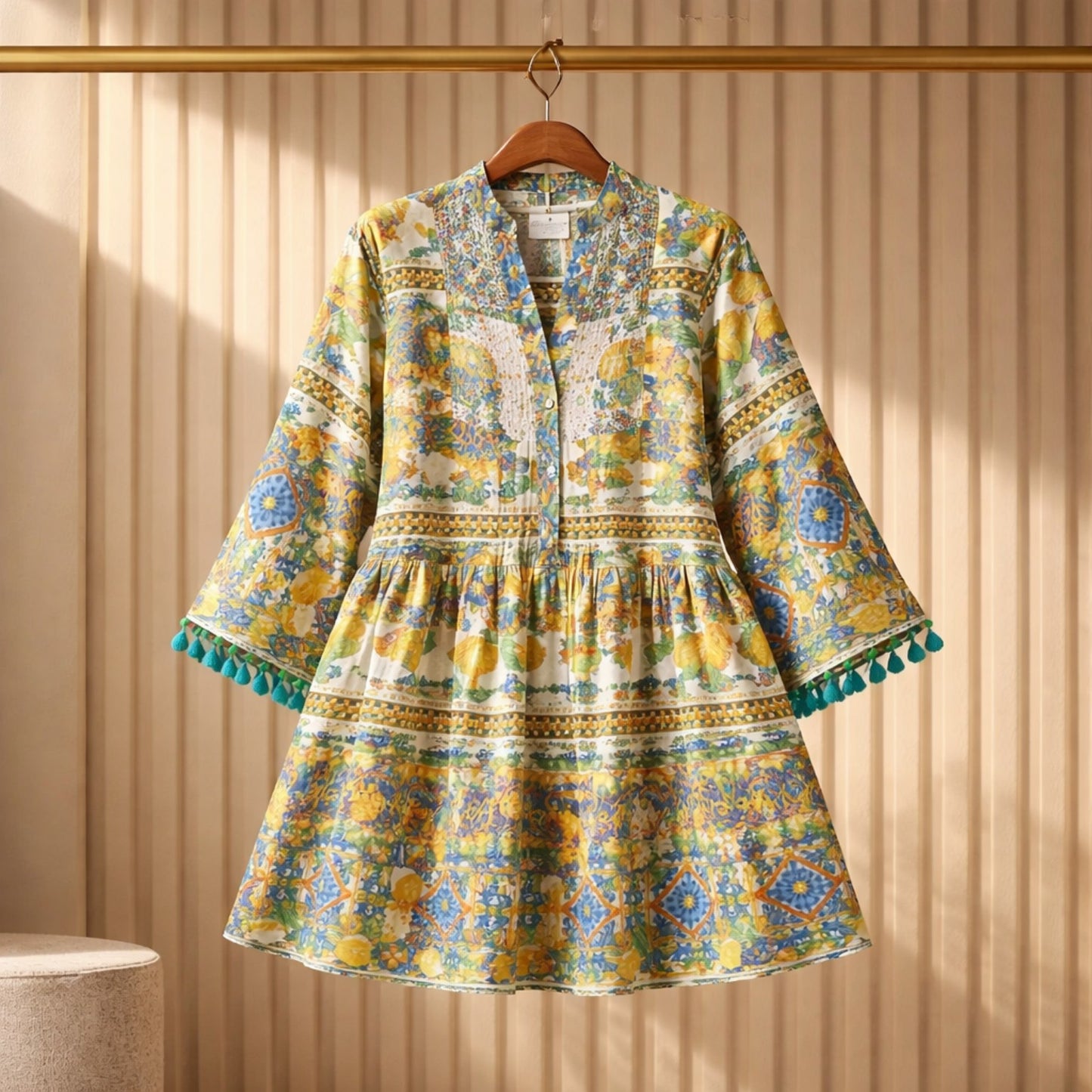 Bunte Boho-Tunika aus 100% Baumwolle mit Zitronen-Print und Pompon-Details Kleid Das Zierwerk