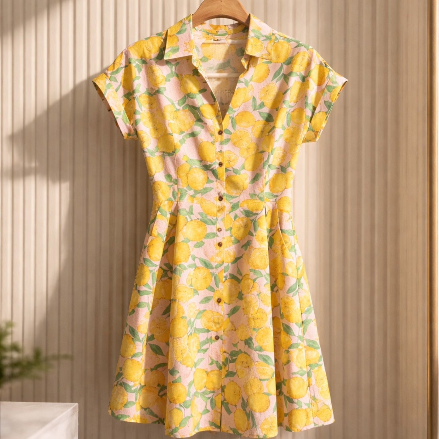 Zitronen-Kleid in Rosa mit mediterranem Print – sommerliches Hemdblusenkleid Kleid Das Zierwerk