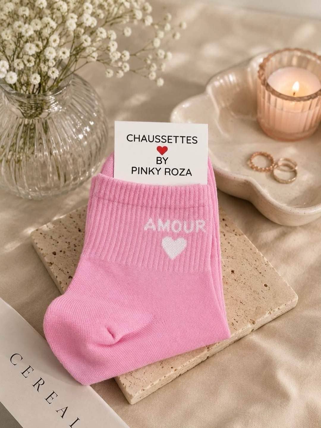 Baumwollsocke mit Aufschrift „amour“ & Herz – Rosa | Taille Unique Socke Pinky Roza