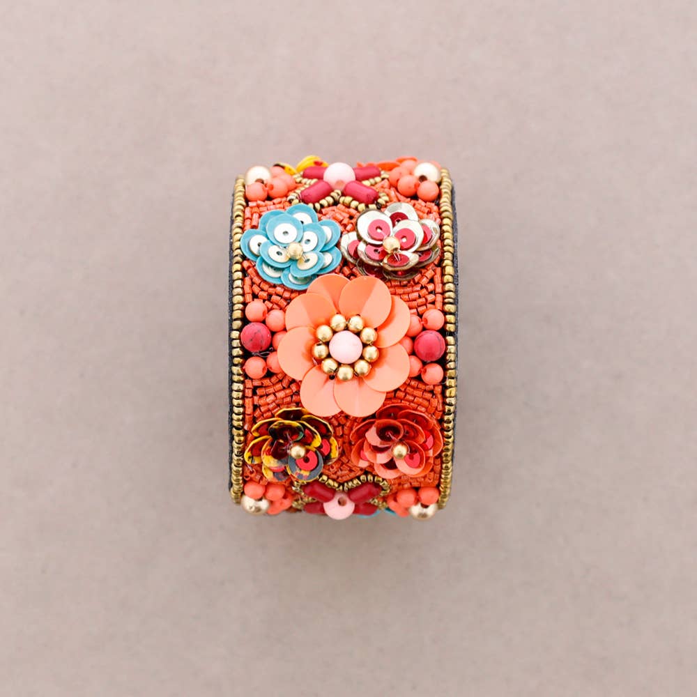 Statement-Armband „Blütenpracht“ – florales 3D-Design in Pink, Koralle & Türkis