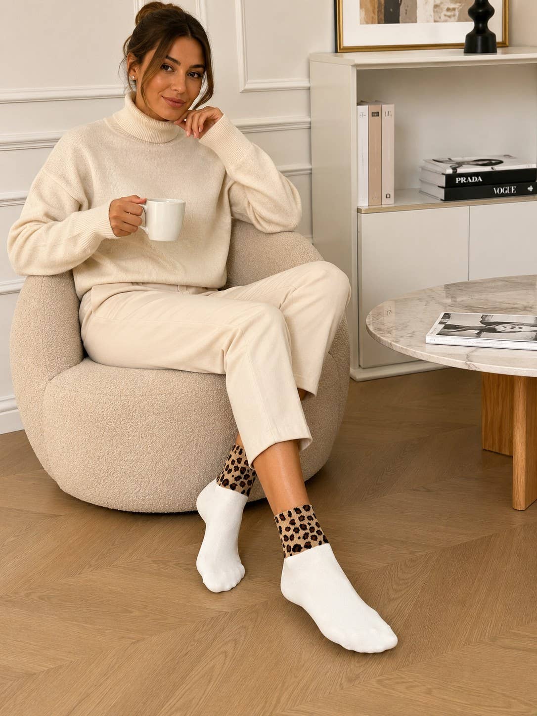 Baumwollsocke mit Leopardenmuster – Weiß | Taille Unique Socke Pinky Roza