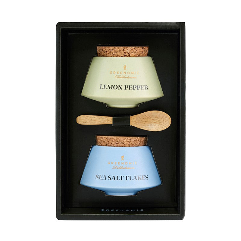 Lemon Pepper & Sea Salt Geschenkset – Handgefertigte Keramiktöpfe