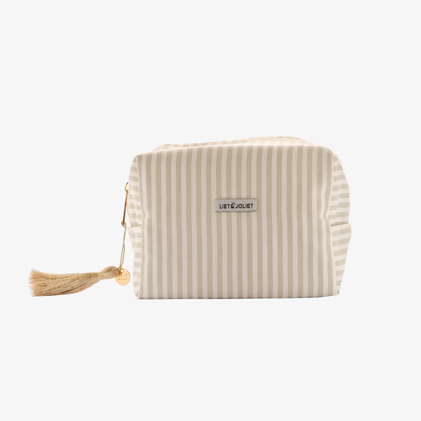 Gestreifte Kosmetiktasche in Beige & Grün – Zeitlose Eleganz für unterwegs