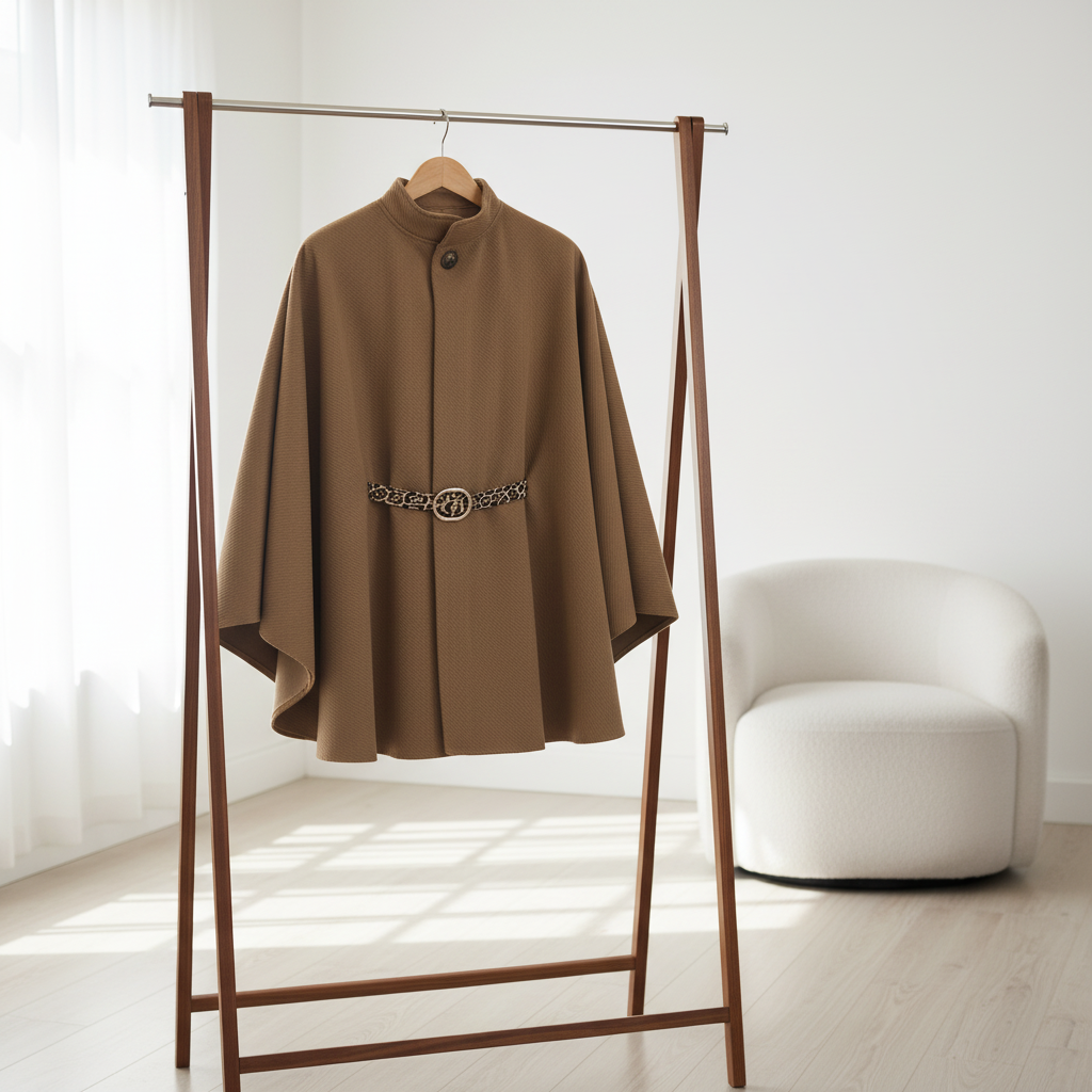 Cape-Jacke in Beige mit Knopf und Leoparden-Gürtel – Eleganz trifft auf zeitlosen Chic Jacke Das Zierwerk