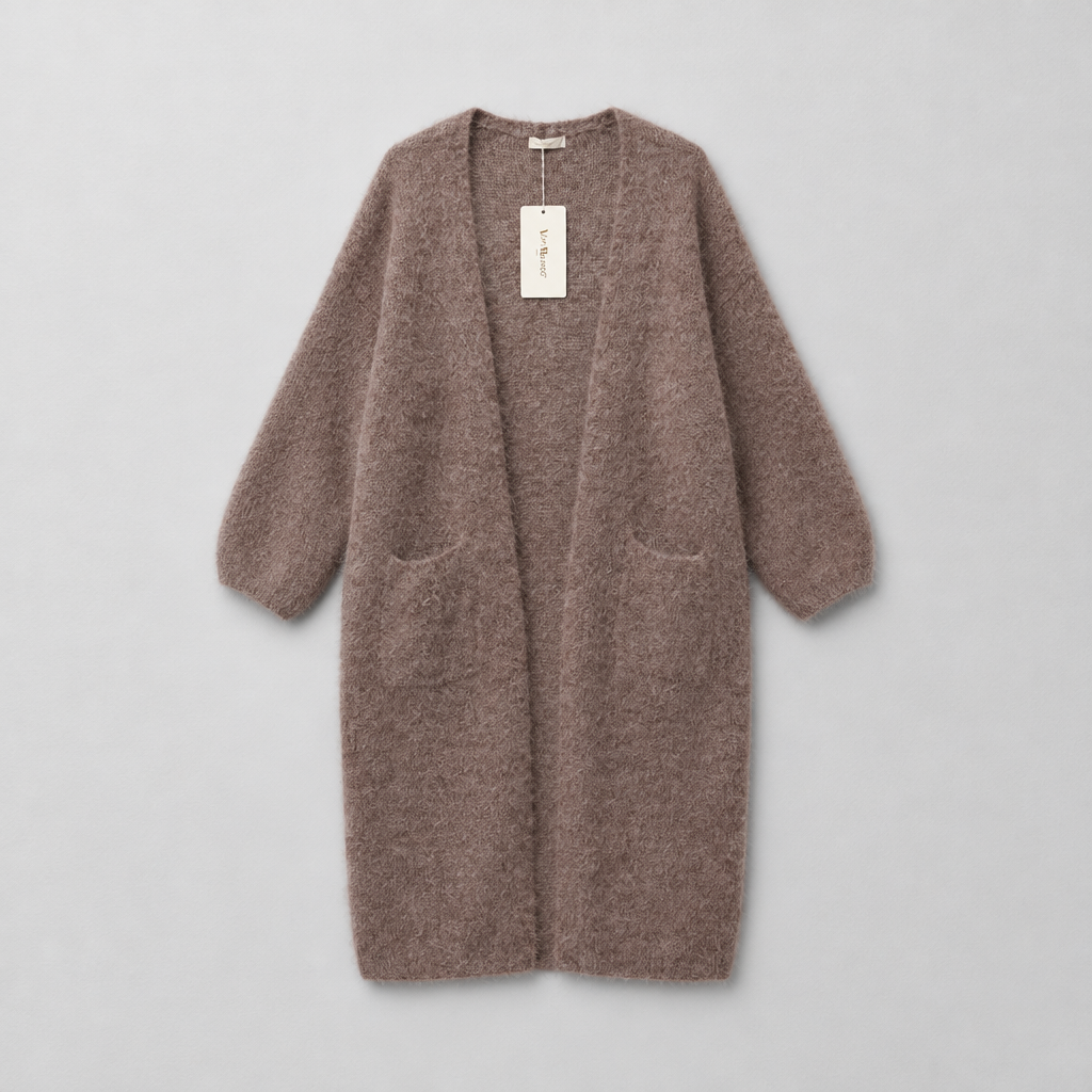 Lange Damen Strickjacke in Taupe – mit Mohair, kuschelig & offen geschnitten