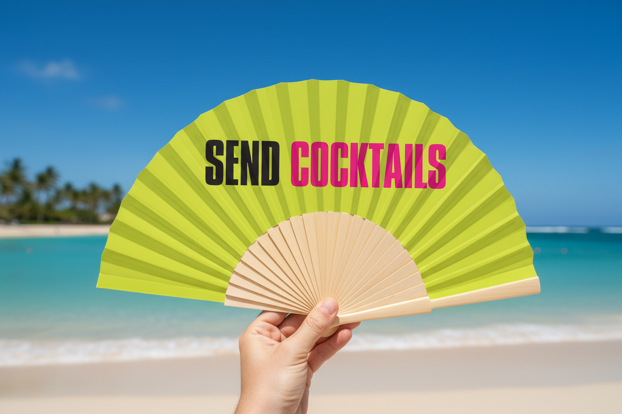 Fächer „Send Cocktails“ – nachhaltiger Slogan-Fächer von Fantastico Fans Ibiza Fächer Fantastico Fans