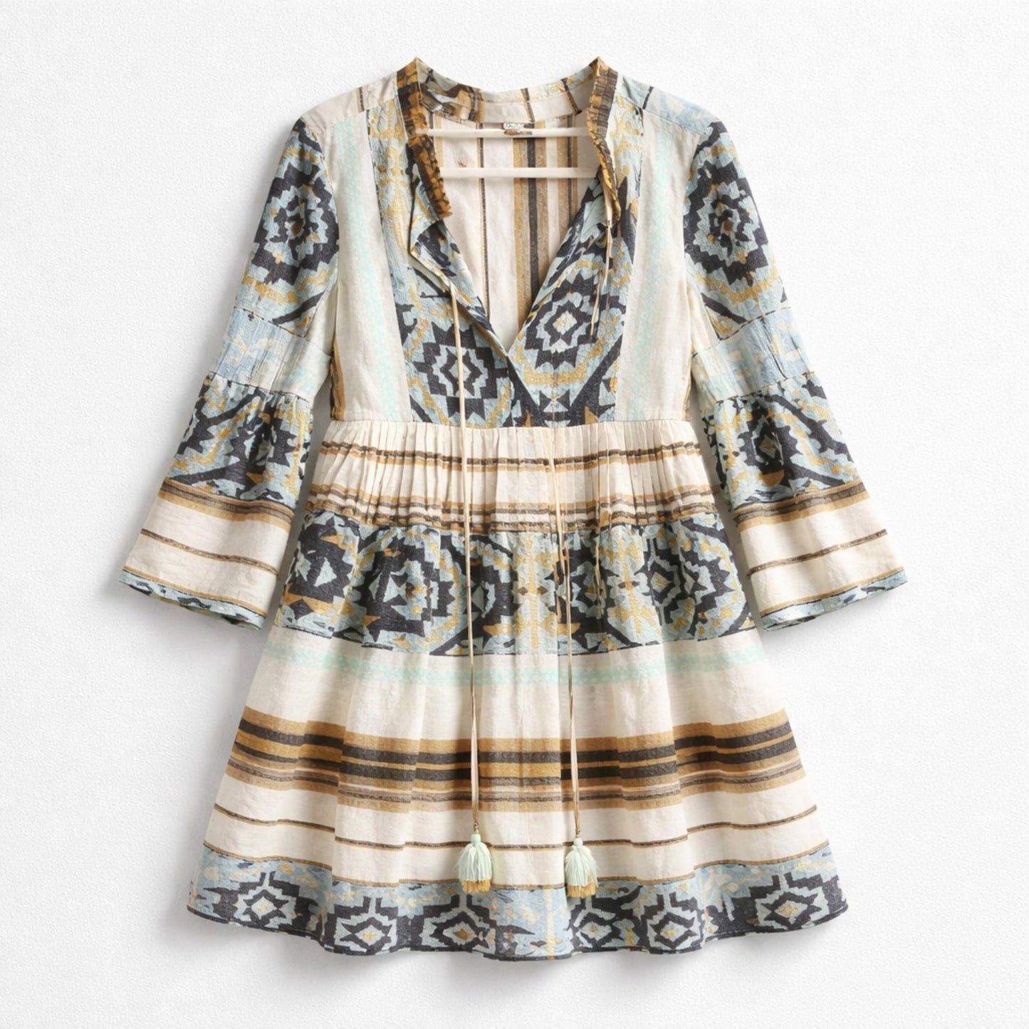 Boho-Kleid aus Baumwolle mit Ethno-Print – luftiges Sommerkleid in Natur & Blau Kleid Das Zierwerk