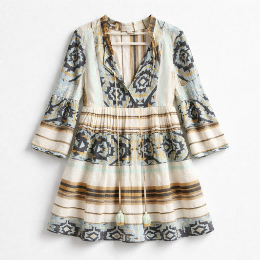 Boho-Kleid aus Baumwolle mit Ethno-Print – luftiges Sommerkleid in Natur & Blau Kleid Das Zierwerk