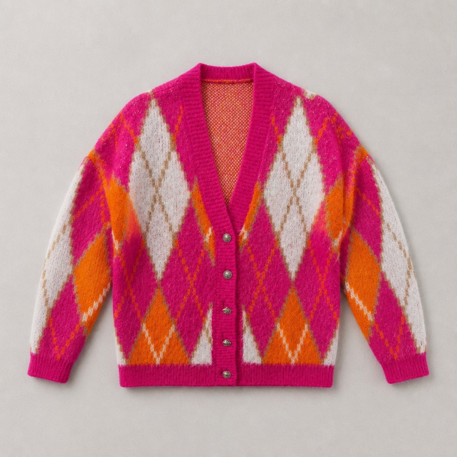 Damen Strickjacke Pink-Orange im Argyle-Look Strickjacke Das Zierwerk