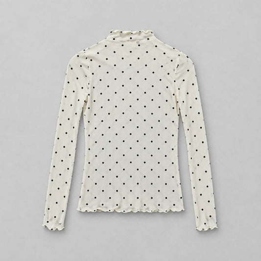 Damen Mesh-Shirt in Creme mit schwarzen Punkten – Langarm mit Stehkragen Shirt Das Zierwerk