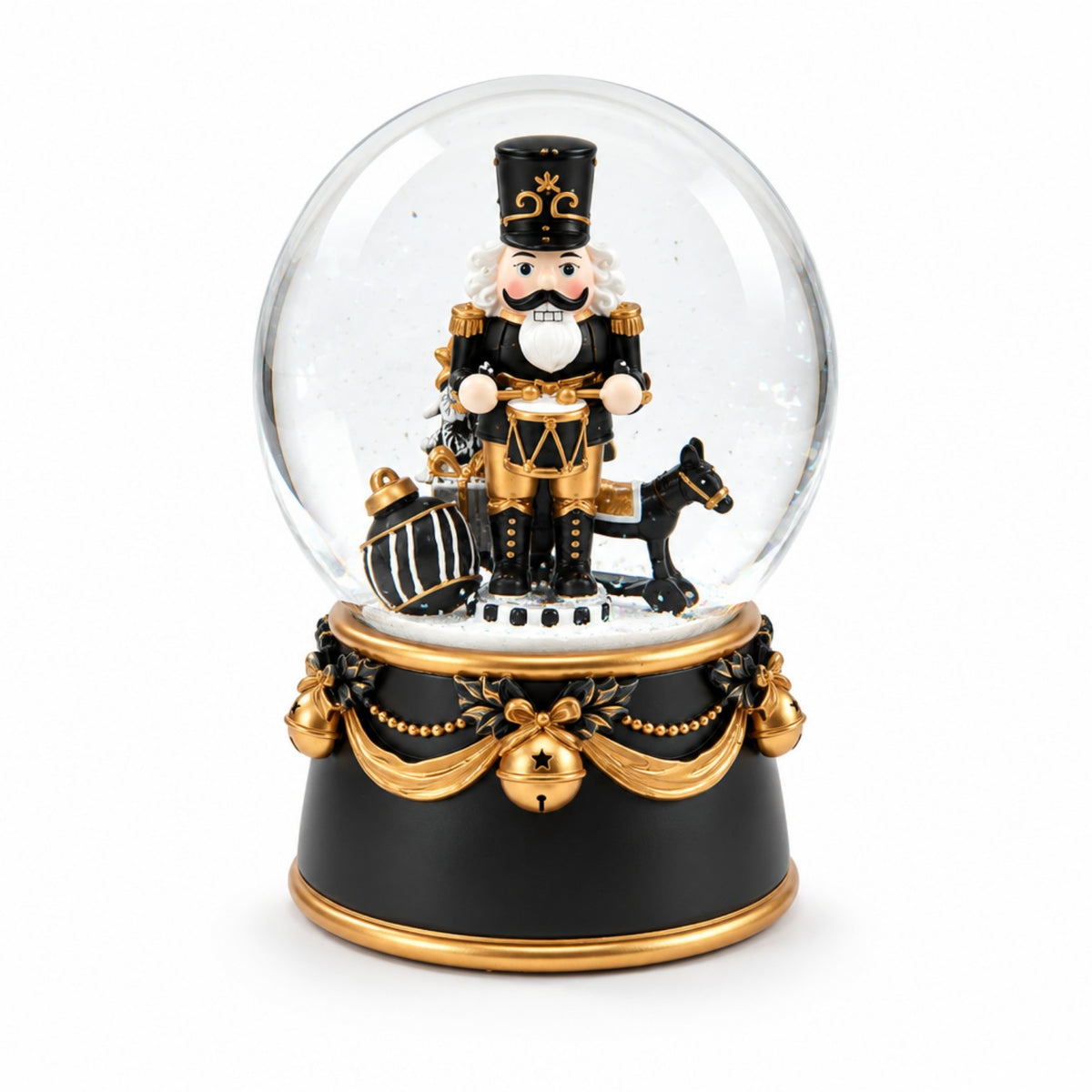 Schneekugel mit Nussknacker & Musik „Jingle Bells“ – Schwarz-Gold Weihnachtsdekoration Das Zierwerk