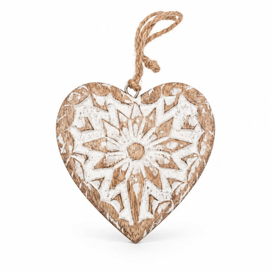 Deko-Herz aus Holz mit Ornament – Natur/Weiß, 10 × 10 cm Deko Das Zierwerk