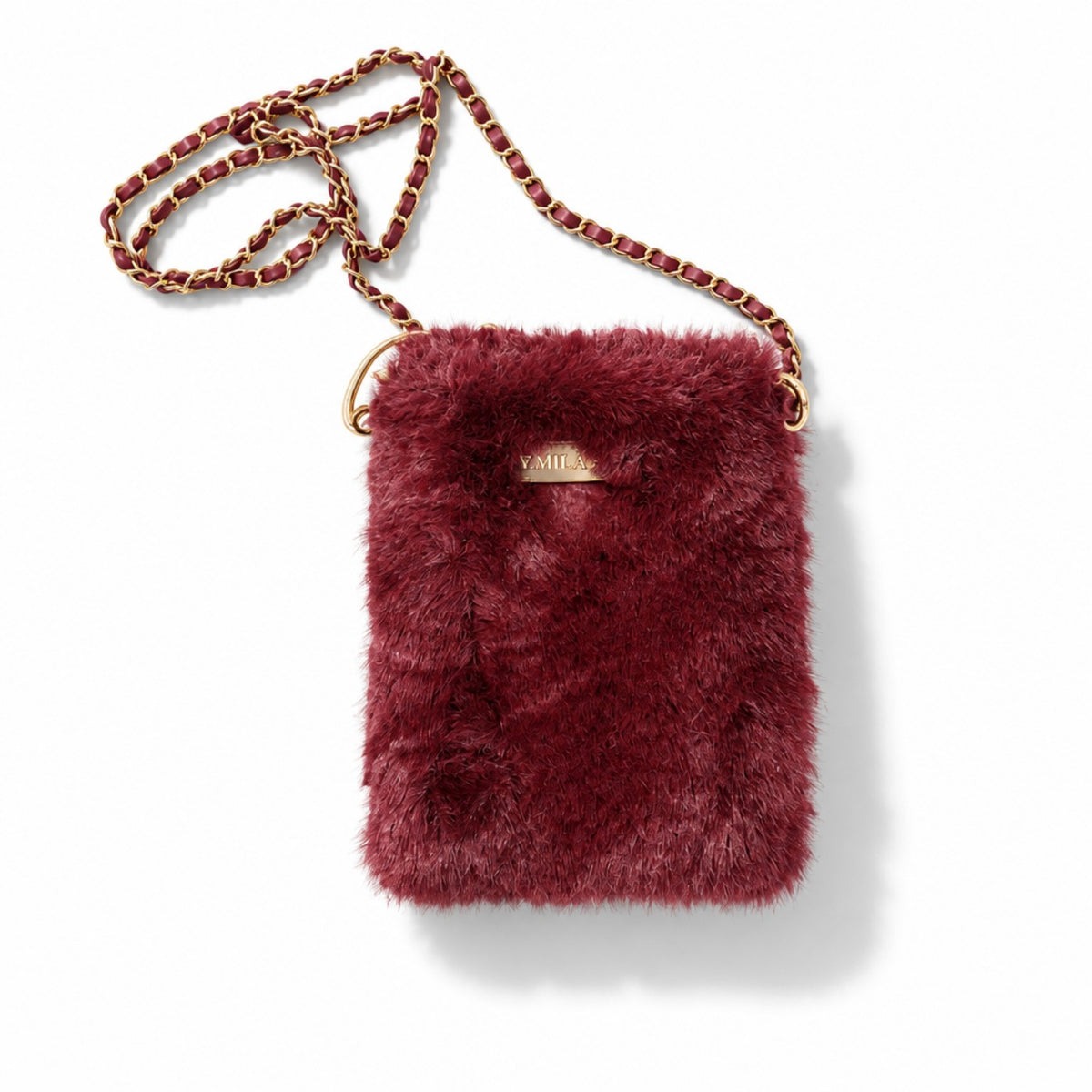 Felltasche Bordeaux mit goldfarbener Kette – Umhängetasche 21 × 19 cm