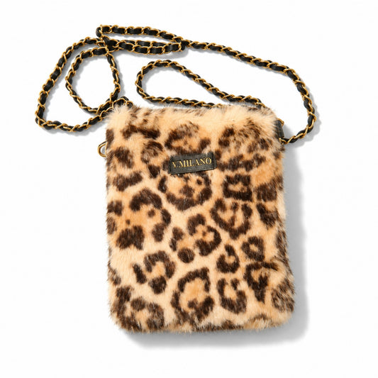 Felltasche mit Leo-Muster – Beige-Braun mit goldfarbener Kette Tasche V. Milano