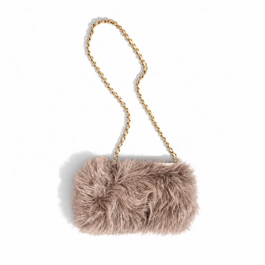 Felltasche Taupe mit goldfarbener Kette – Flauschige Schultertasche Tasche V. Milano