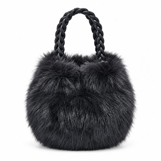 Flauschige Beuteltasche in Blau-Schwarz – Kunstfell-Handtasche mit geflochtenen Henkeln, 25 × 20 cm Tasche V. Milano