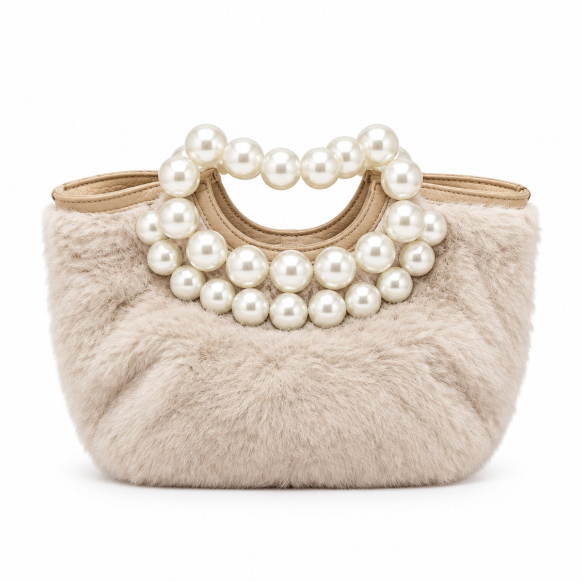 Flauschige Handtasche in Creme mit Perlengriff – elegante Kunstfelltasche, 38 × 24 cm Tasche V. Milano