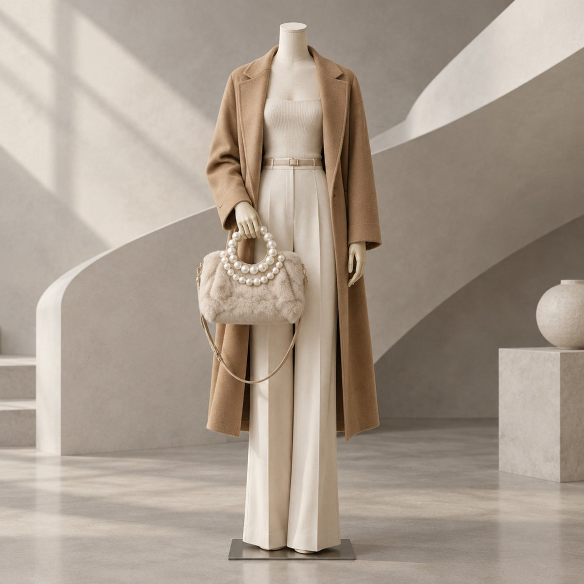 Flauschige Handtasche in Creme mit Perlengriff – elegante Kunstfelltasche, 38 × 24 cm Tasche V. Milano