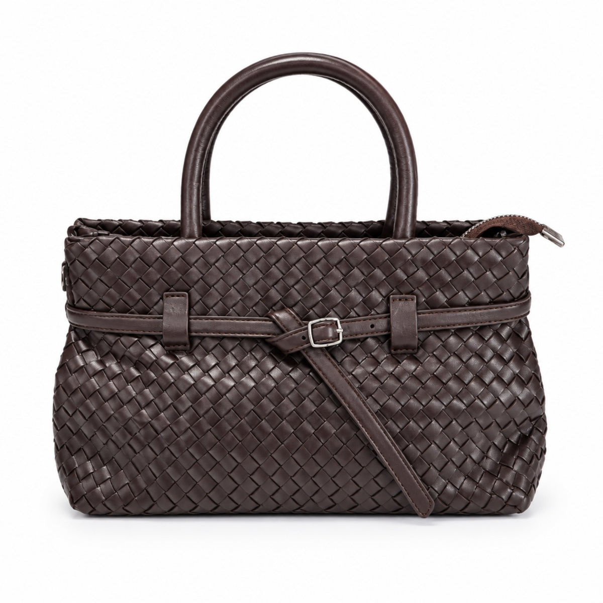 Damenhandtasche in Dunkelbraun – Geflochtene Henkeltasche mit Schnallendetail Tasche V. Milano