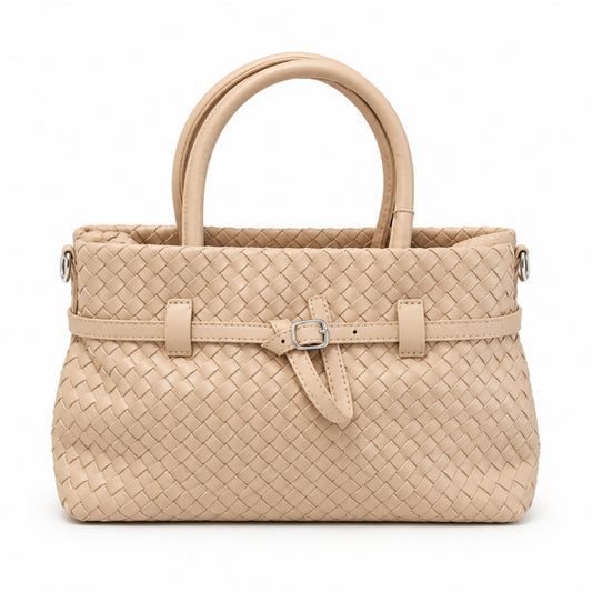 Damenhandtasche Beige – Geflochtene Henkeltasche mit Schnallendetail Tasche V. Milano