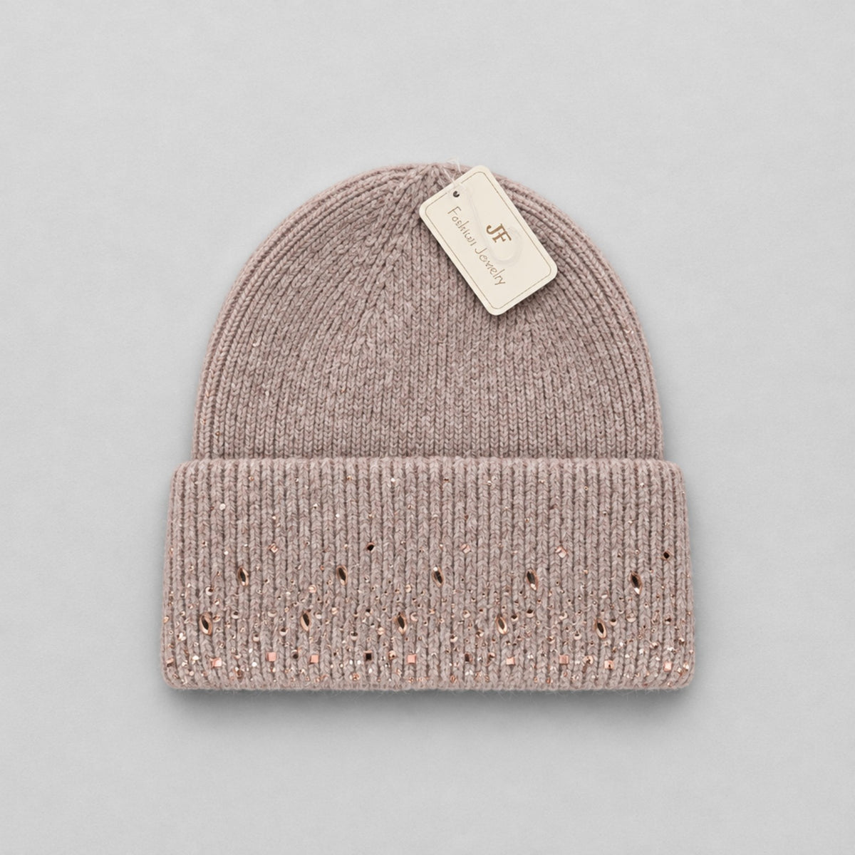 Damen Strickmütze mit Glitzersteinen – Rosé-Beige | Fashion Jewelry Mütze Das Zierwerk