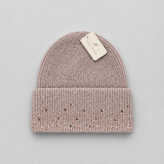 Damen Strickmütze mit Glitzersteinen – Rosé-Beige | Fashion Jewelry Mütze Das Zierwerk